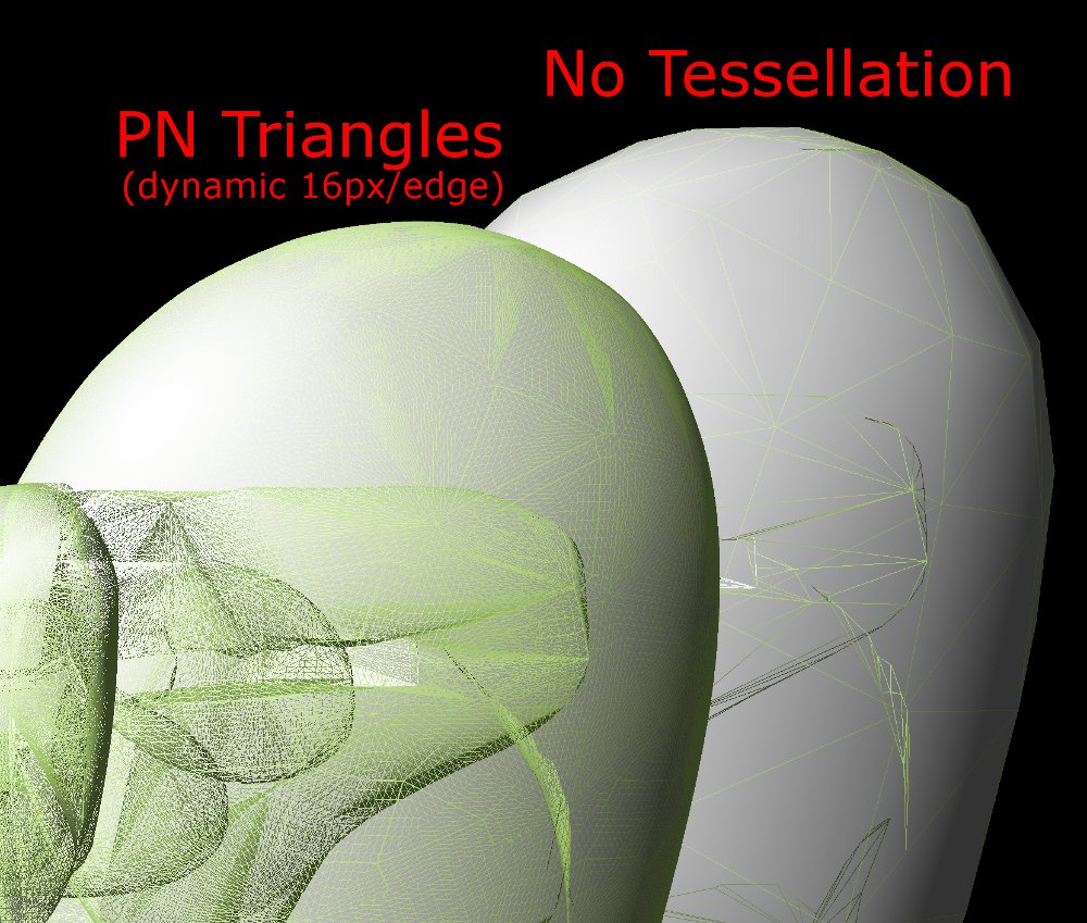  A close up shot of a tessellated head. No displacement map here, just smoothing from PN triangles. You’ve likely seen this type of shot many times before. Click to zoom.