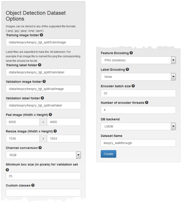 Figure 6: A screenshot showing dataset options for use with DetectNet.