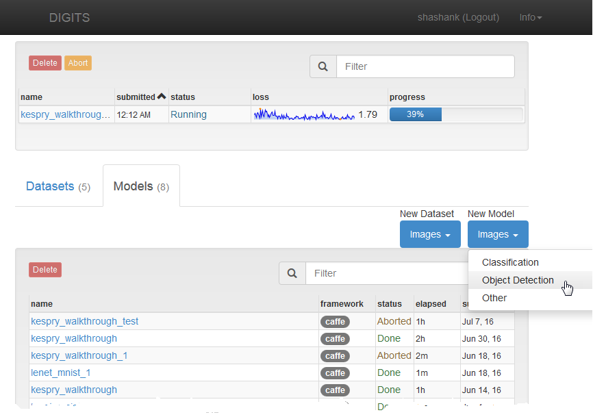 Figure 8: A DIGITS screenshot showing how to create a new model for object detection.