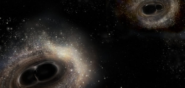 Artist’s illustration of the merging binary black hole systems GW150191 (left) and GW151226 (right). Image Courtesy Caltech/MIT/LIGO Laboratory. Ccredit: LIGO/A. Simonnet.