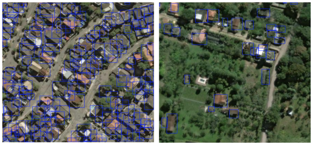 Figure 3: SpaceNet 3-band training images with ground-truth building footprints converted to minimum enclosing rectangles.