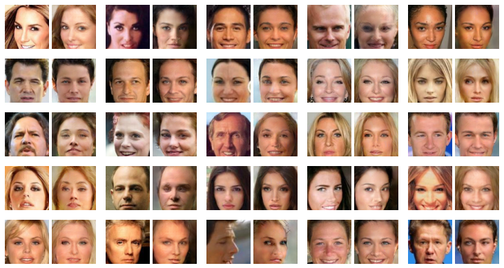 Figure 4: Each pair of images shows an image from the dataset and its reconstruction after going through Generative Adversarial Networks E and G. 25 images from the dataset were used. Images were not cherry picked.