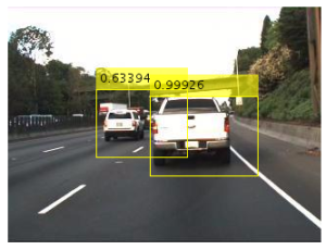 Figure 6. Detected bounding boxes and scores from Faster R-CNN vehicle detector.