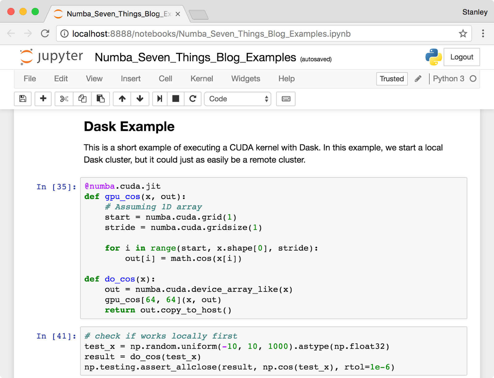Screenshot of the Jupyter Notebook used in this post showing some CUDA Python code.