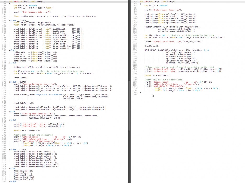 Portable (between compilers and devices) CUDA code without (left) and with (right) Hemi.