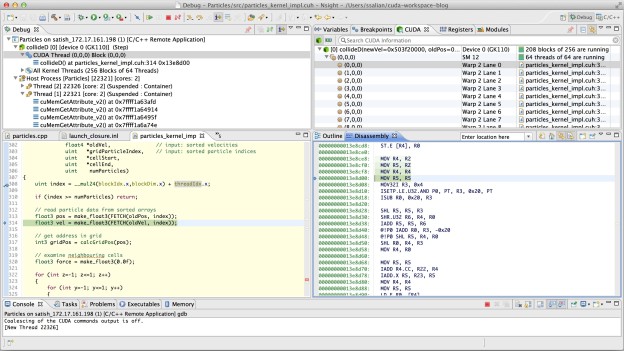 Nsight Eclipse Edition Debugger UI perspective, showing assembly code stepping.