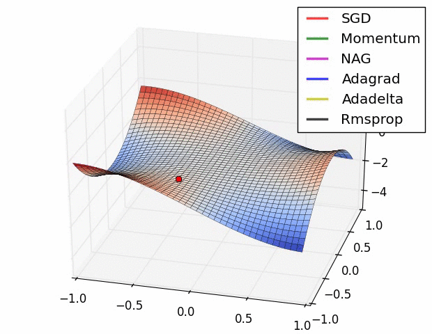 Figure 10. Behaviour of adaptive learning rate algorithms at a saddle point. From http://imgur.com/a/Hqolp