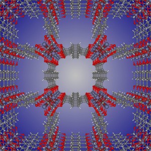 Figure 1: The repeating crystal structure of metal-organic framework IRMOF-1. Atom color dictionary = {carbon: gray, oxygen: red, zinc: blue, hydrogen: white}.