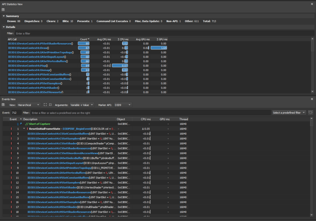 CPU and GPU times per API call range finder screenshot