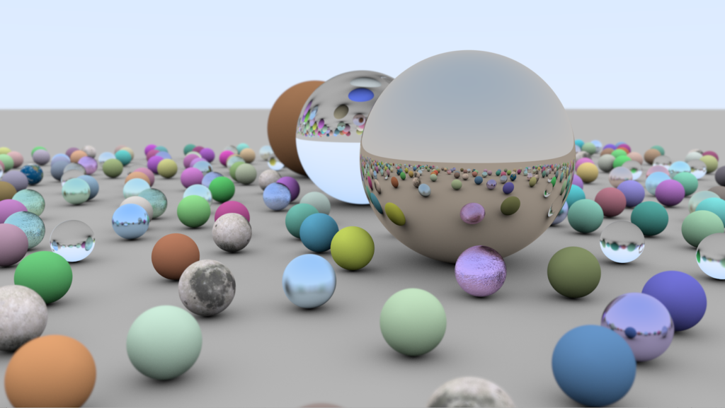 Ray tracing image of a few spheres with reflections and refraction