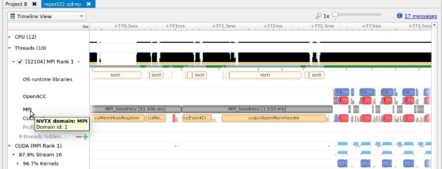 The screenshot of the Nsight Systems timeline shows MPI activity and API calls.