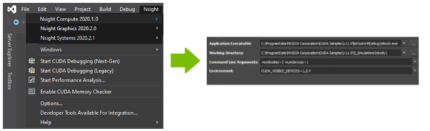 The screen shot shows Visual Studio menu access to NSight developer tools.