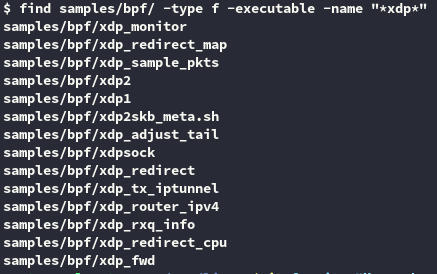 List of file found by command find samples/bpf/ -type f -executable -name "*xdp"