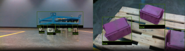 Inferred bounding boxes for industrial carts and industrial boxes overlaid on camera images taken from the robots' perspectives.