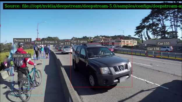 Image of a road and sidewalk. Bounding boxes around the cars, people, and around the bicycle carried by a pedestrian identifying them as such.