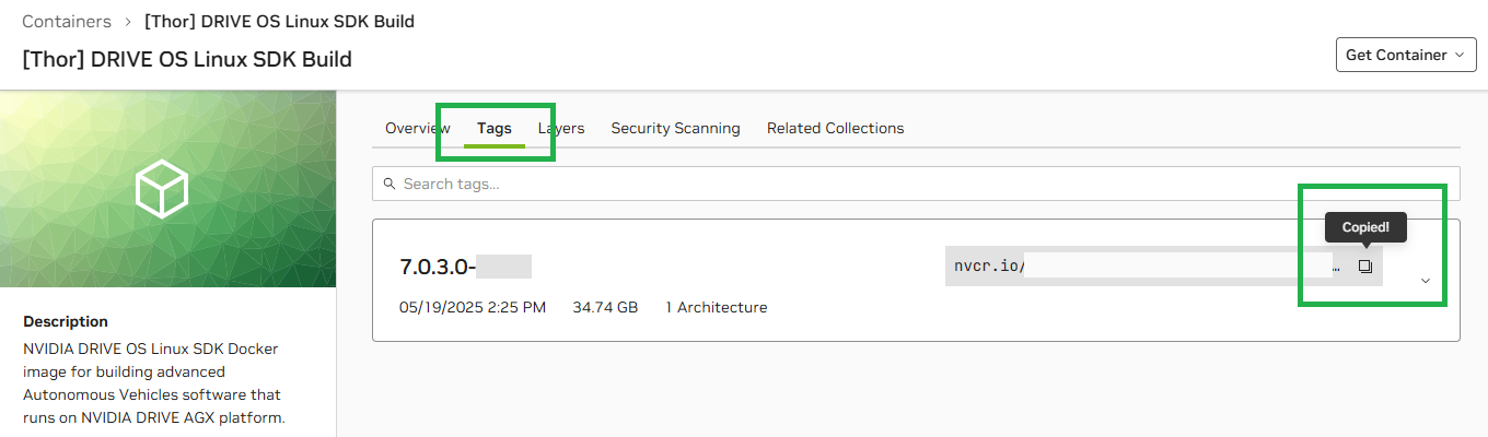 Screenshot from NGC showing copying the image reference with version and build tag