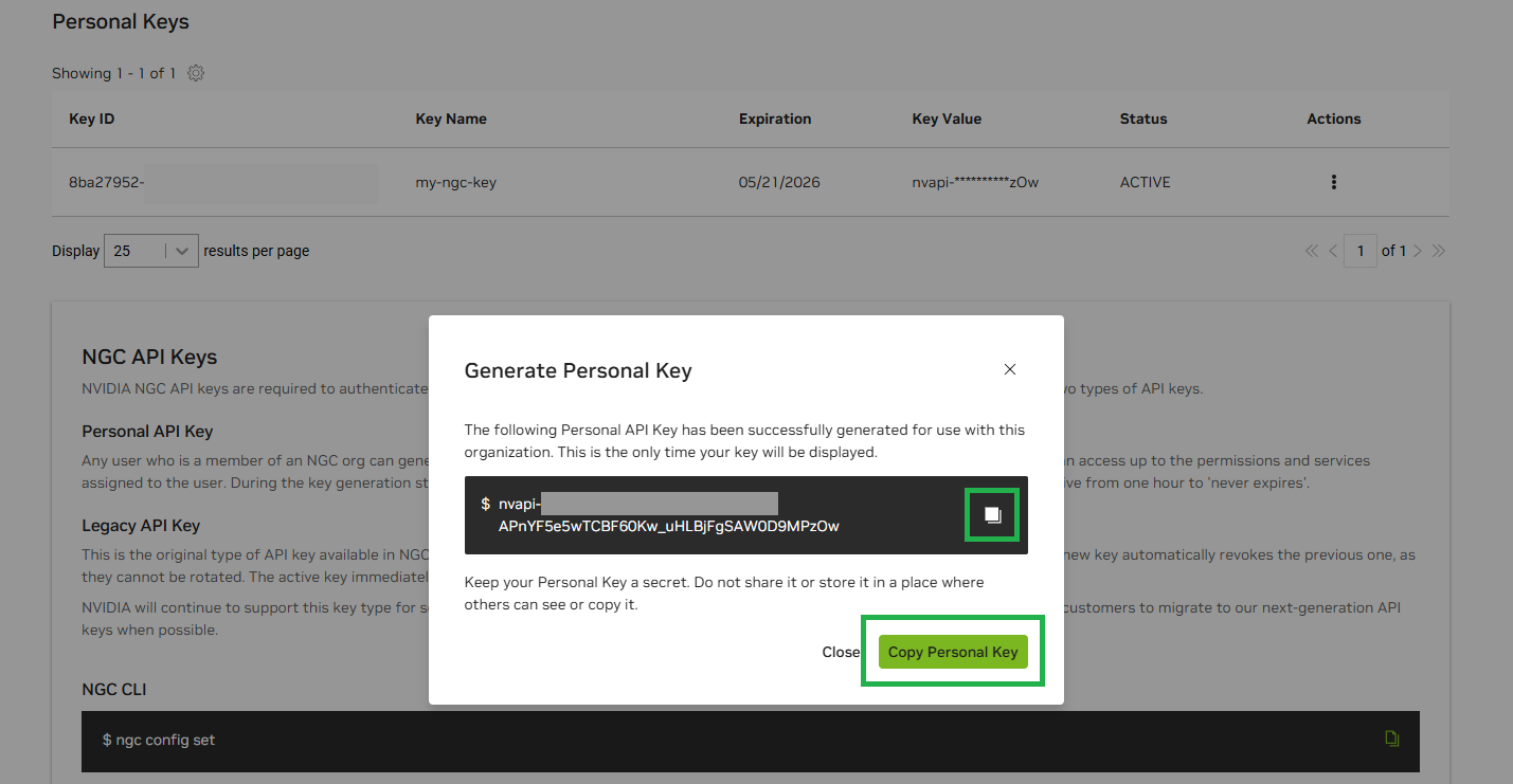 Screenshot from NGC showing the generated personal key that must be copied