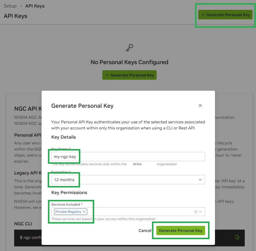 Screenshot from NGC showing generation of a personal key