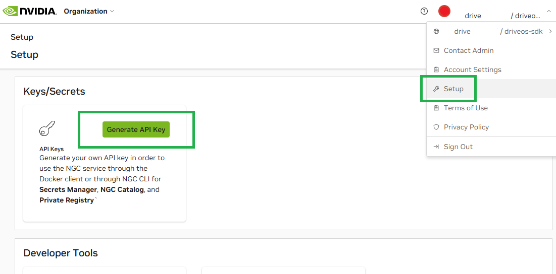 Screenshot from NGC showing selecting Setup then Generate API Key