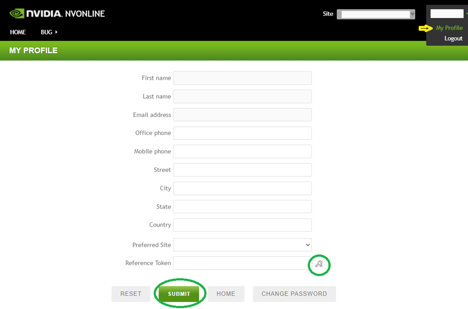 Screenshot from NVIDIA NVONLINE showing generating a reference token by clicking the key icon