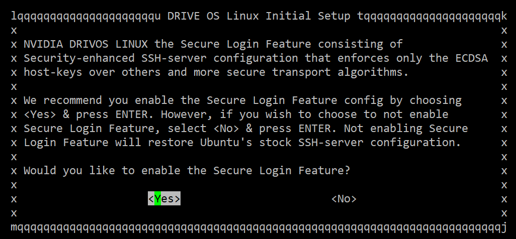 A screenashot of the DRIVE OS Linux Setup Wizard prompting whether to enable the Secure Login Feature