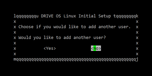 A screenshot of the DRIVE OS Linux Setup Wizard asking if the user would like to add another user.