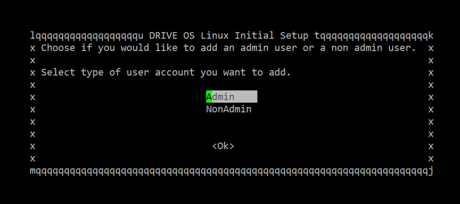 A screenshot of the DRIVE OS Linux Setup Wizard asking to select the type of user account to add.