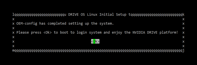 A screenshot of the DRIVE OS Linux Setup Wizard indicating that the OEM-config has completed setting up the system and prompting the user to press 'Ok' to boot.