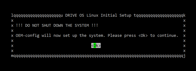 A screenshot of the DRIVE OS Linux Setup Wizard displaying a warning message instructing the user not to sut down the system.