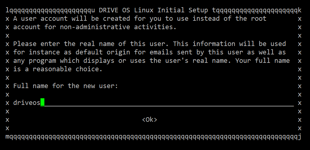 A screenshot of the DRIVE OS Linux Setup Wizard prompting for the full name of the new user, with 'driveos' already entered.