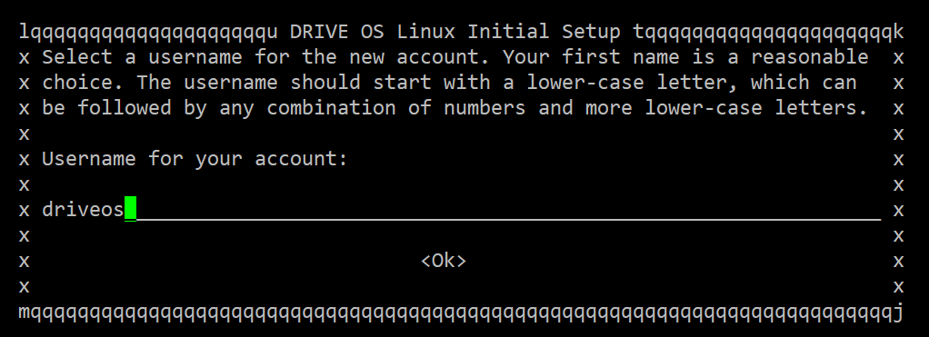 A screenshot of the DRIVE OS Linux Setup Wizard prompting for the username for the new account, with 'driveos' already entered.