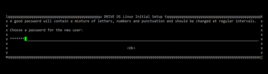 A screenshot of the DRIVE OS Linux Setup Wizard prompting for a password for the new user.