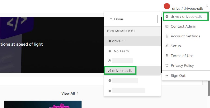 Screenshot from NGC after sign-in showing selection of the drive organization and driveos-sdk team