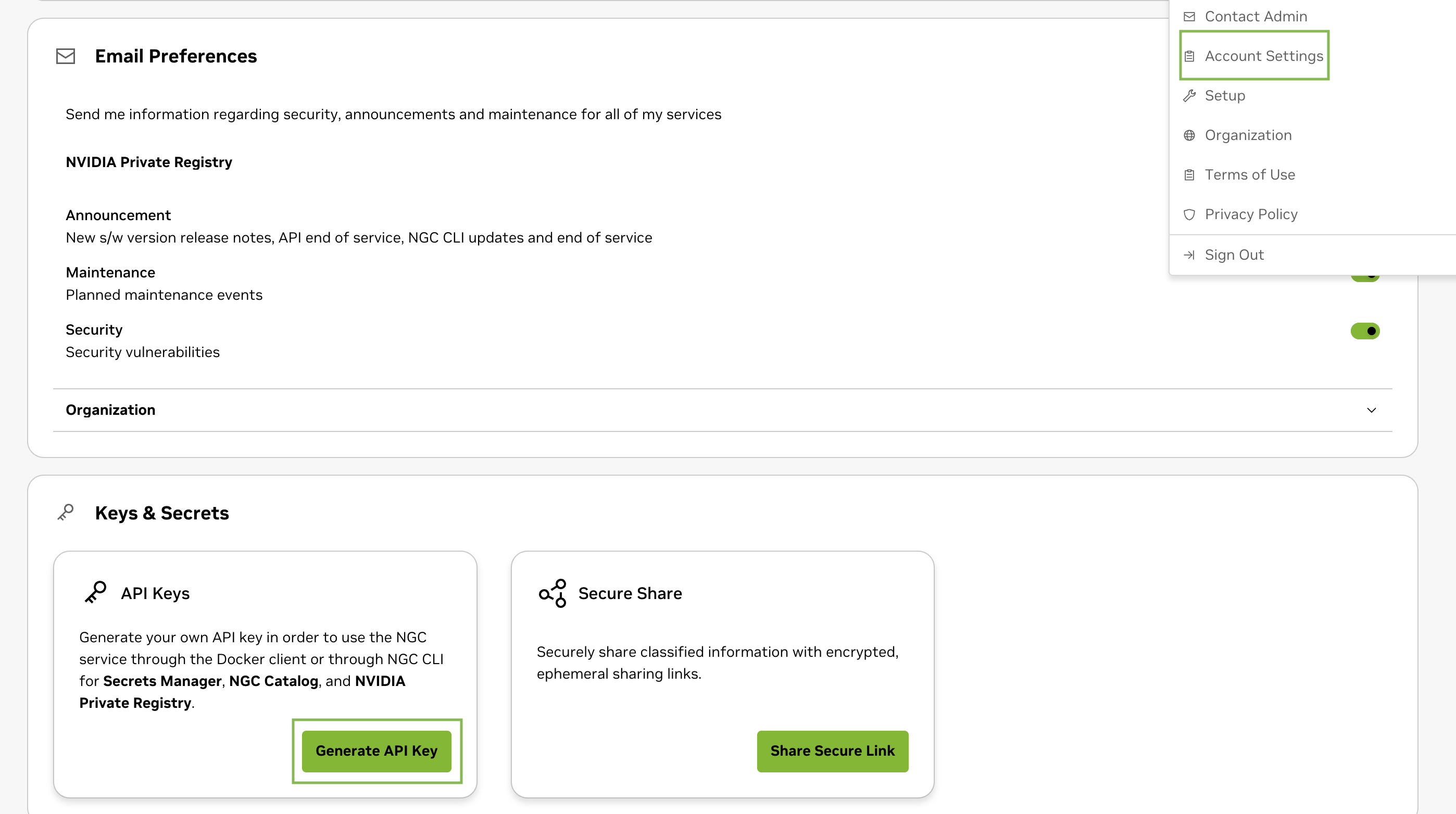 Screenshot from NGC showing selecting Setup then Generate API Key