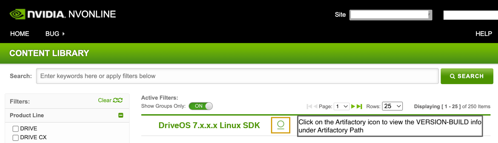 Screenshot from NVIDIA NVONLINE showing clicking the Artifactory logo icon next to the Group name to view the Docker image version and build tag
