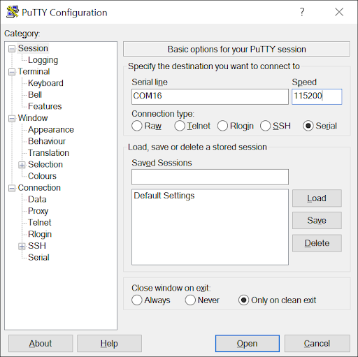 Open PuTTY configuration
