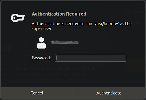 Enter username and password to allow Etcher to proceed