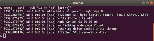 Linux Terminal app - command to show 16GB microSD card was assigned /dev/sda